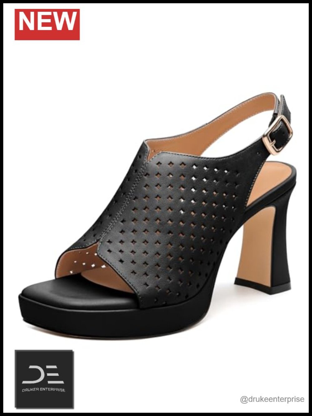 Chunky Heel Platform Sandals Slingback Peep Toe Hollow Out Leather Upper Women's